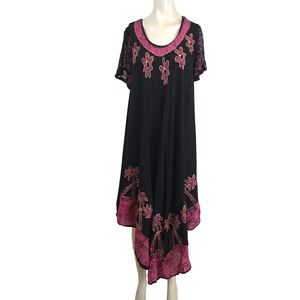 Sakkas Womens Batik Palm Tree Handkerchief Hem Dress Black Pink One Size 900A